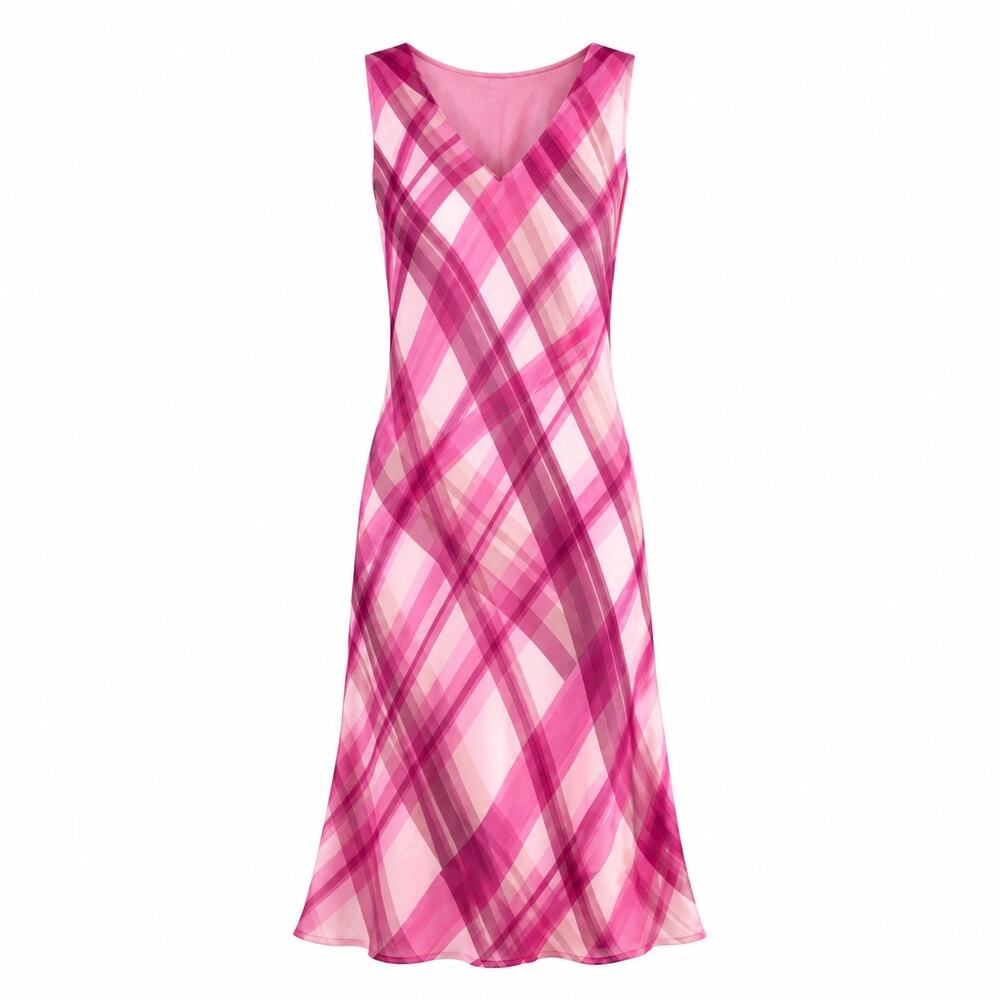 Lapis 100% Silk Pink Plaid Bias Midi Dress Sleeveless V-Neck Medium Romantic